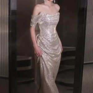 Short-Sleeve Off Shoulder Plain Glitter Ruched A-Line Evening Gown Silver 258813085