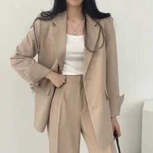 Lapel Collar Plain Single-Breasted Blazer / High Waist Wide Leg Dress Pants Blazer - Khaki 258813102