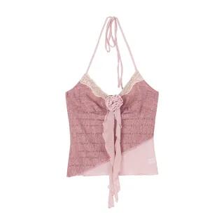 Lace Trim Ruffled Printed Crop Camisole Top / Mid Waist Mini A-Line Skirt Camisole Top - Mauve by Duwnie