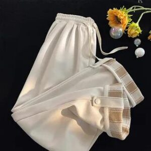 Drawstring Waist Striped Lining Straight Leg Sweatpants Almond 258813320