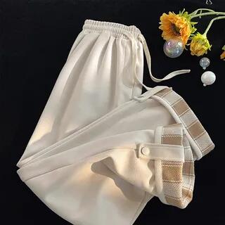 Drawstring Waist Striped Lining Straight Leg Sweatpants Almond by Iduna