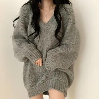 V-Neck Plain Oversized Sweater Light Beige by monroll