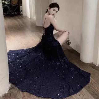 Spaghetti Strap V-Neck Glitter Maxi A-Line Dress Dark Blue by Melon Juice