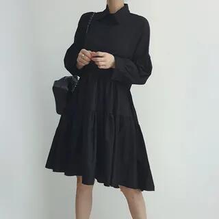 Plain A-Line Shirt Dress Dress - Black by Maisee