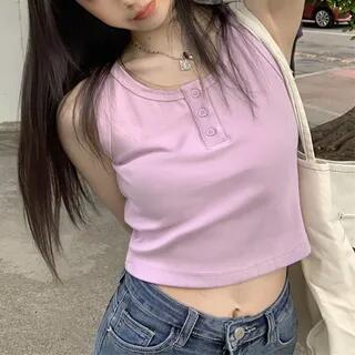 Scoop Neck Henley Plain Padded Ribbed Crop Tank Top Purple by Maisee