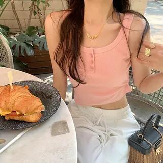 Scoop Neck Henley Plain Padded Ribbed Crop Tank Top Pink by Maisee