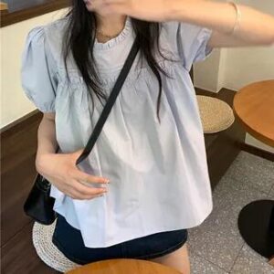 Puff-Sleeve Round Neck Plain Ruffled Blouse Blue 258814233