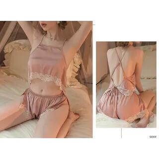 Plain Lace Trim Camisole / Pajama Shorts / Pajama Robe / Set Pajama Robe - Pink by Hotty