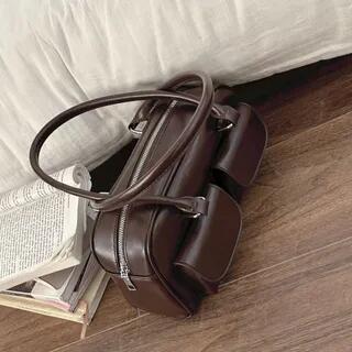 Bow Accent Flap Pocket Panel Faux Suede Bowler Bag PU - Coffee - No Ribbon by Letheroni