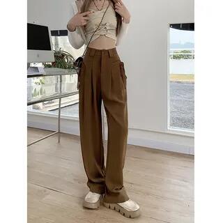 High Waist Plain Wide Leg Pants Coffee by Mikiko