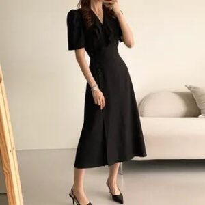 Puff-Sleeve V-Neck Plain Ruffled Midi A-Line Dress Black 258814386