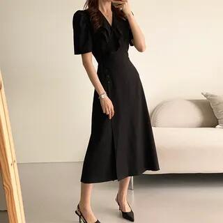 Puff-Sleeve V-Neck Plain Ruffled Midi A-Line Dress Black by Coris