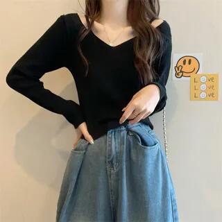 Cold-Shoulder Long-Sleeve Plain Ribbed Knit Top Black by Ukiyo