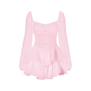 Puff-Sleeve Sweetheart-Neckline Plain Mini A-Line Layered Dress Padded - Pink by ANORA