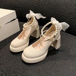 Chunky Heel Faux Pearl Ankle Strap Patent Leather Mary Jane Pumps Off-White by Nikao