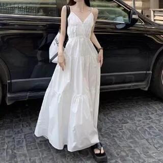 Spaghetti Strap V-Neck Plain Maxi A-Line Dress White by Cossita
