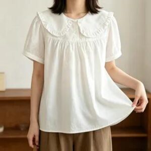 Short-Sleeve Peter Pan Collar Babydoll Top Gingham - Blue 258815350