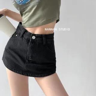 M - Mid Waist Denim Skort Black by Shira