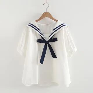 Short-Sleeve Sailor Collar Striped Bow Blouse Navy Bow - Plain - White by Fabricino