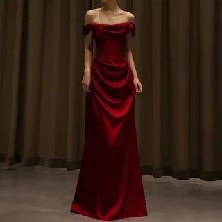 Off-Shoulder Plain A-Line Evening Gown Wine Red by Fioridi