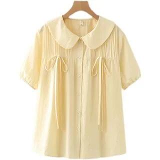 Short-Sleeve Plain Babydoll Blouse Yellow by PANDAGO