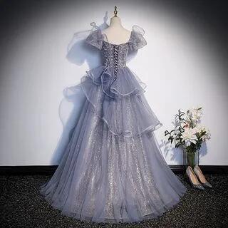 Puff Sleeve Square Neck Sequin Ruffle Panel Mesh A-Line Evening Gown Blue by MSSBridal
