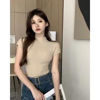 Short-Sleeve Mock Neck Plain T-Shirt Almond by Shinsei