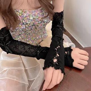 Plain Lace Panel Bow Arm Sleeves Black by Lychee