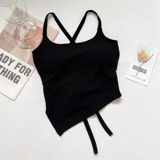 Plain Padded Tie Back Crop Camisole Top Black by DIYI