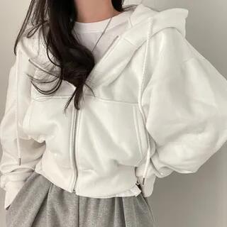 Plain Zip-Up Crop Hoodie White by Dovitade
