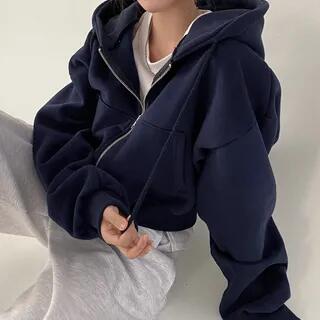 Plain Zip-Up Crop Hoodie Sapphire Blue by Dovitade