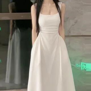Sleeveless Scoop Neck Plain Maxi A-Line Dress White by Alfie