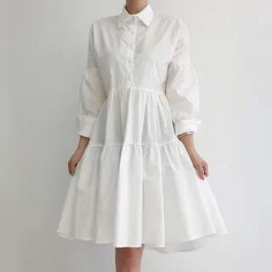 Notch Lapel Plain Midi Shirt Dress Dress - White 258820061