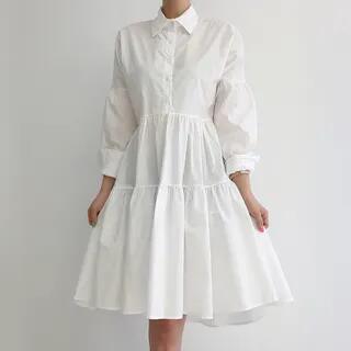 Notch Lapel Plain Midi Shirt Dress Dress - White by Maisee