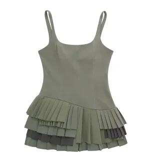Spaghetti Strap Asymmetrical Pleat Panel Mini A-Line Dress Ash Green by Ulark