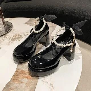 Chunky Heel Faux Pearl Ankle Strap Patent Leather Mary Jane Pumps Black by Nikao