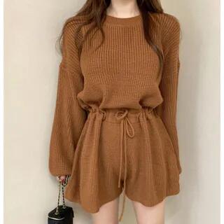 Long-Sleeve Crewneck Knit Wide Leg Romper Orange Red by Daybreak