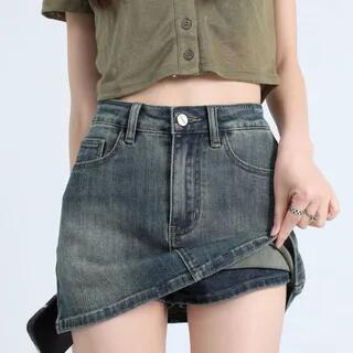 High Waist Washed Denim Mini Pencil Skirt Vintage Blue by Bolgivy