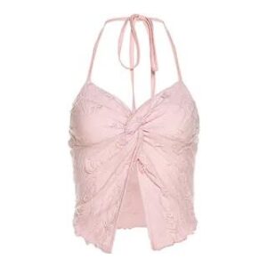 Halter-Neck Distressed Twisted Open-Back Slit Crop Camisole Top Pink 258820286