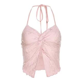 Halter-Neck Distressed Twisted Open-Back Slit Crop Camisole Top Pink by Sosana