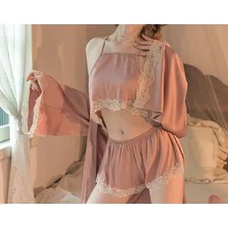 Plain Lace Trim Camisole / Pajama Shorts / Pajama Robe / Set Set of 2 - Camisole & Pajama Robe - Pink by Hotty