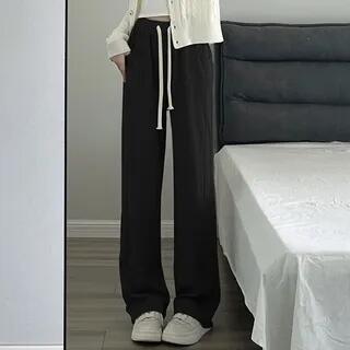 High Rise Wide Leg Plain Sweatpants Black by evanesce