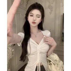 Short-Sleeve V-Neck Plain Drawstring Ruched Slit Slim Fit Crop T-Shirt White 258820751