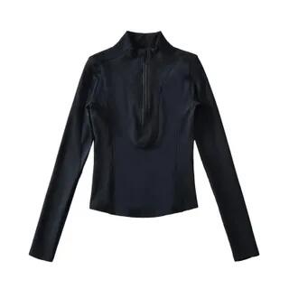 Long-Sleeve Mock Neck Plain Half Zip Panel Top Black by Asiris