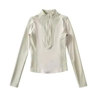 Long-Sleeve Mock Neck Plain Half Zip Panel Top Almond by Asiris