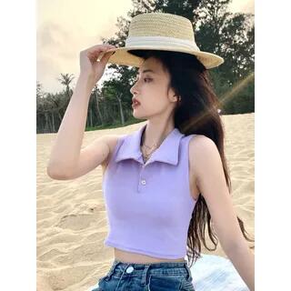 Sleeveless Plain Collared Crop Top Purple by Windflower
