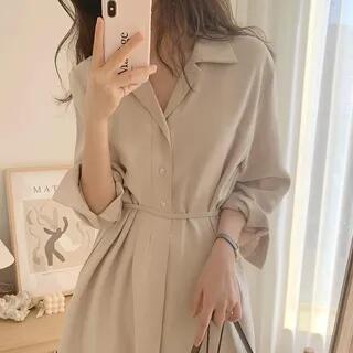 Long-Sleeve Lapel Collar Plain Tie Waist Half-Button Slit Midi A-Line Dress Almond by Cloud Nine