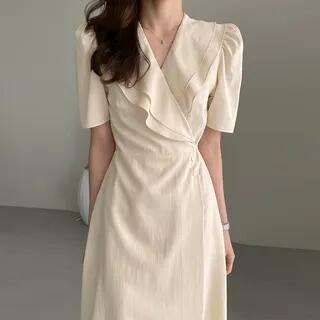Puff-Sleeve V-Neck Plain Ruffled Midi A-Line Dress Almond by Coris