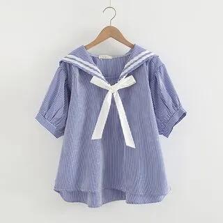 Short-Sleeve Sailor Collar Striped Bow Blouse White Bow - Striped - Blue by Fabricino