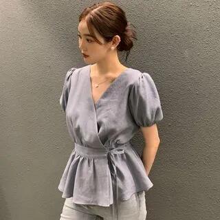 Puff-Sleeve V-Neck Plain Peplum Blouse Blue by Happo
